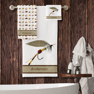 Custom Black White Tan Fly Fishing Flies Coastal Bath Towel Set