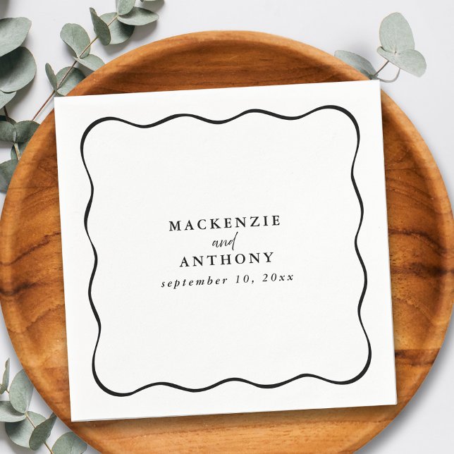 Custom Black & White Wavy Frame Wedding Cocktail   Napkin (Creator Uploaded)