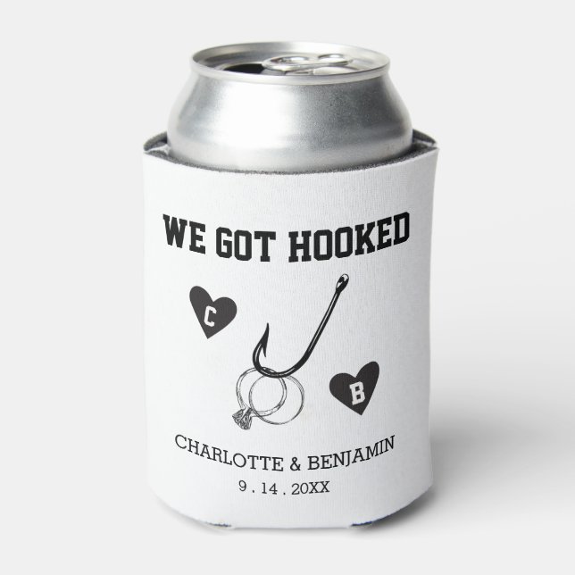 Custom Black & White We Got Hooked Wedding Can Cooler (Can Front)