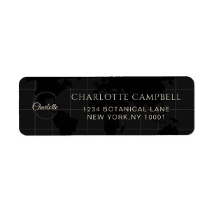 Custom Black White World Map Monogram Name Luxury Return Address Label