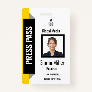 Custom Black & Yellow Media Pass   Press ID  Badge ID Badge