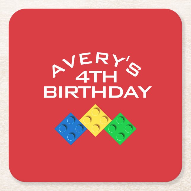 Custom BLOCK PARTY Colourful Bricks Thank You Square Paper Coaster (Front)