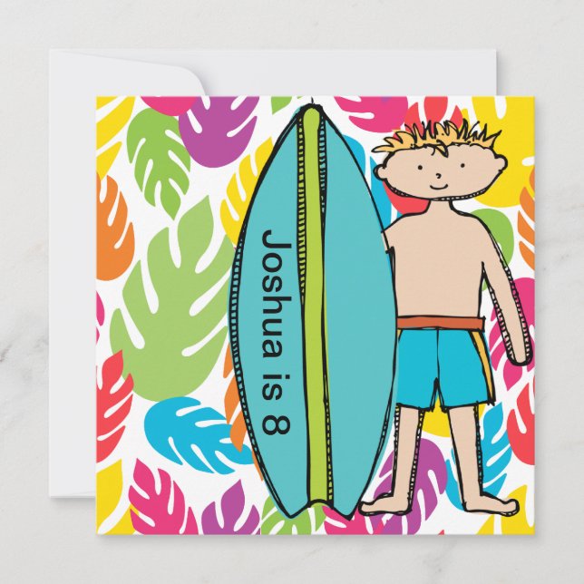 Custom Blonde Boy Surfer Birthday Invites (Front)