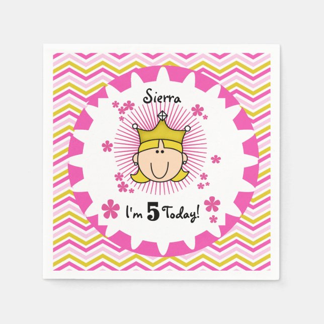 Custom Blonde Princess 5th Birthday Paper Napkins (Front)