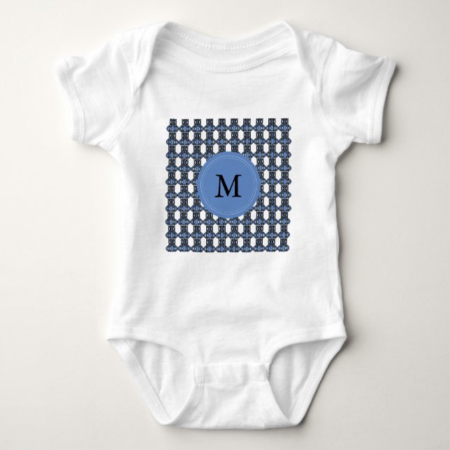Custom Blue Abstract Scarab Pattern Monogram Baby Bodysuit (Front)