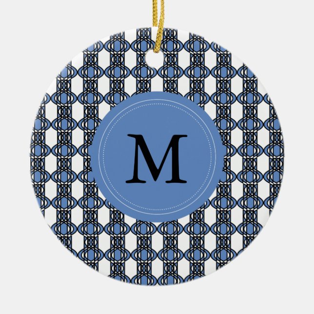 Custom Blue Abstract Scarab Pattern Monogram Ceramic Ornament (Front)