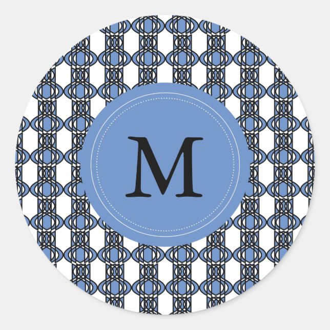 Custom Blue Abstract Scarab Pattern Monogram Classic Round Sticker (Front)