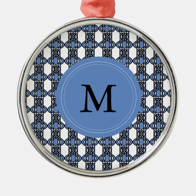 Custom Blue Abstract Scarab Pattern Monogram Metal Tree Decoration (Front)