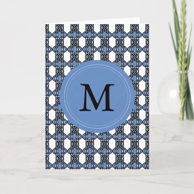Custom Blue Abstract Scarab Pattern Monogram Note Card (Front)
