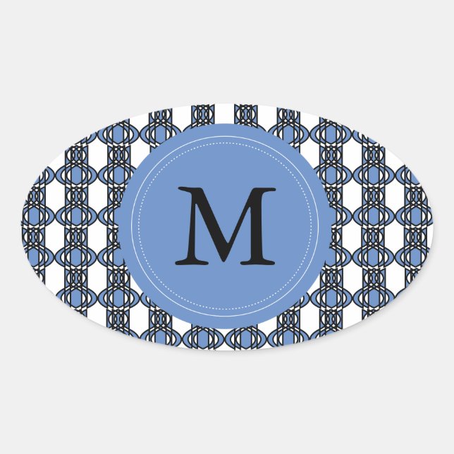 Custom Blue Abstract Scarab Pattern Monogram Oval Sticker (Front)