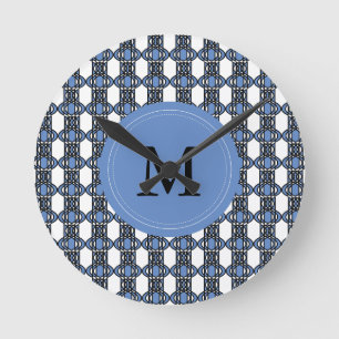 Custom Blue Abstract Scarab Pattern Monogram Round Clock