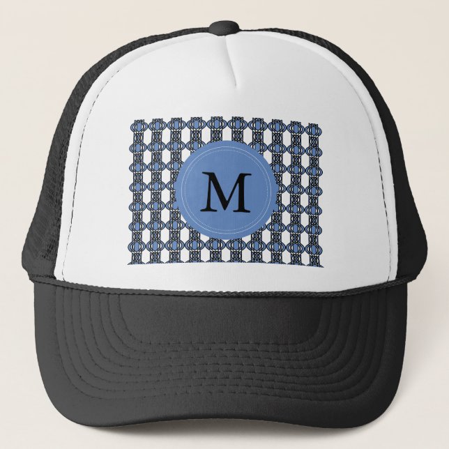 Custom Blue Abstract Scarab Pattern Monogram Trucker Hat (Front)