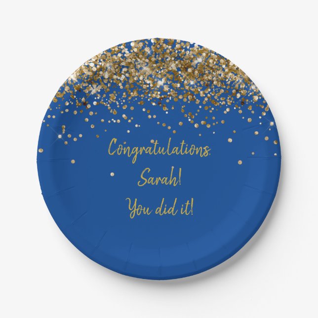 Custom Blue and Gold Graduation Party Glitter Paper Plate (Front)