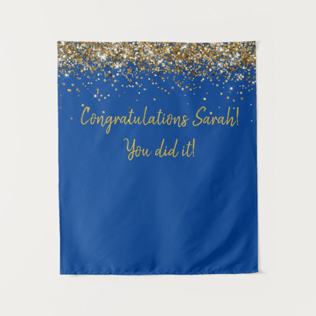 Custom Blue and Gold Graduation Party Photo Booth Tapestry (Front)