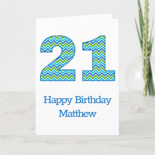 Custom Blue and Green Chevron 21st Birthday Card