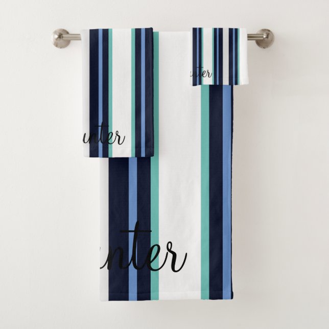 Custom Blue And Teal Modern Cursive Family Bath Towel Set (Insitu)