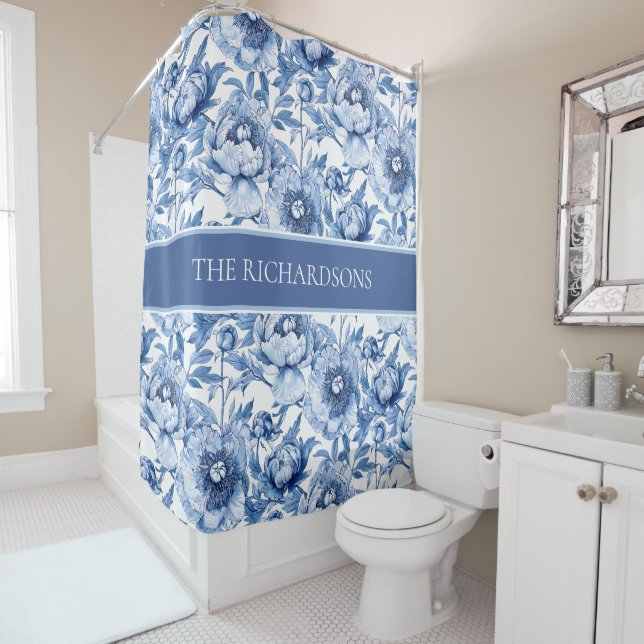 Custom Blue and White Chinoiserie Floral Pattern Shower Curtain (In Situ)