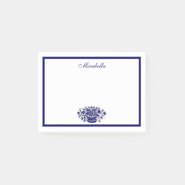 Custom Blue and White Floral Blue Border Stickies Post-it Notes (Front)