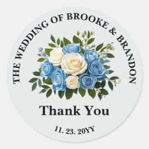 Custom Blue and White Floral Wedding Thank You Classic Round Sticker