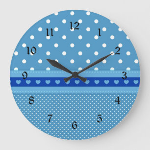 Custom Blue and White Polka Dots with Hearts Accen Large Clock