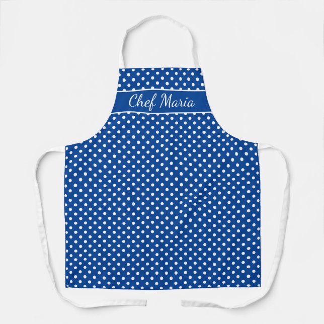 Custom blue and white polkadotted pattern cooking apron (Front)