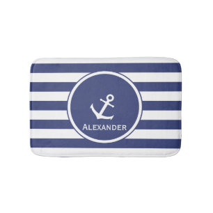 Custom Blue and White Stripes with Anchor Bath Mat
