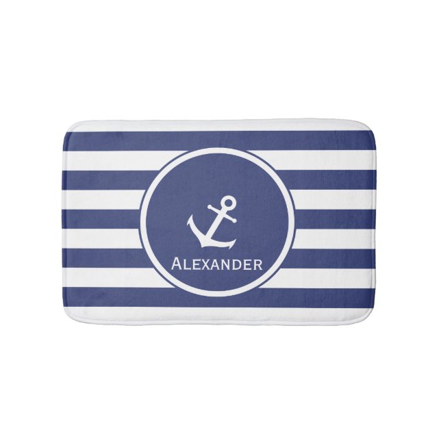Custom Blue and White Stripes with Anchor Bath Mat (Front)