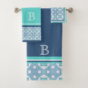 Custom Blue Aqua Turquoise Green Hip Ornate Art Bath Towel Set