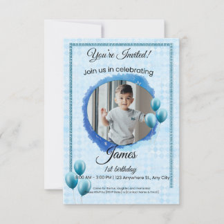 Custom Blue Balloon Photo Birthday Invitation