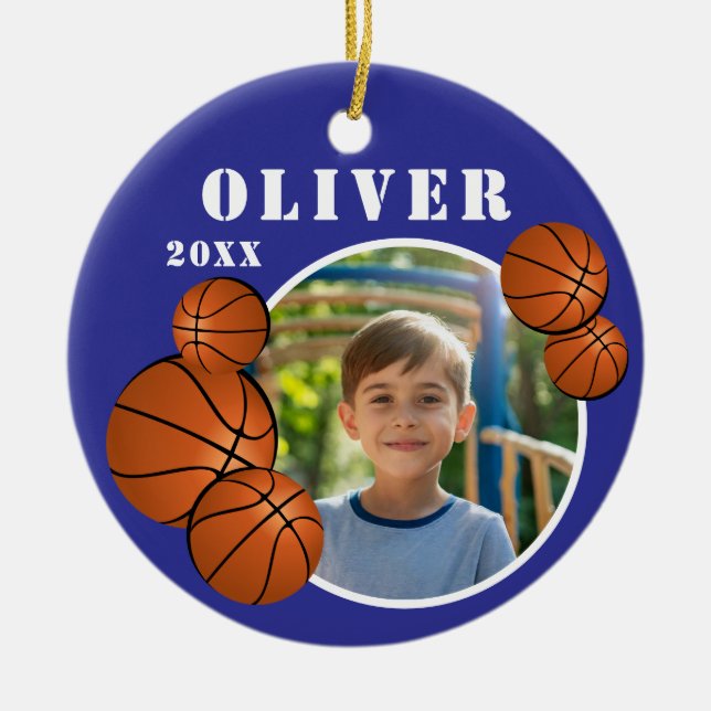 Custom Blue Basketball Ball Sports Photo Ceramic Ornament (Front)