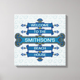 Custom Blue Beach House Sign with Scallop Swirls