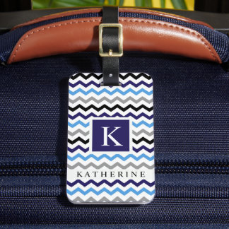 Custom Blue Black White Grey Chevron Pattern Luggage Tag