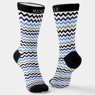Custom Blue Black White Grey Chevron Pattern Socks
