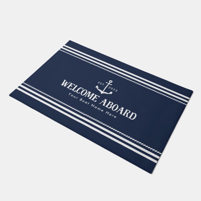 Custom Blue Boat Name Nautical Welcome Aboard Doormat (Angled)