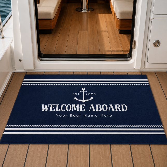 Custom Blue Boat Name Nautical Welcome Aboard Doormat (Creator Uploaded)