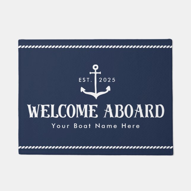 Custom Blue Boat Name Welcome Aboard Nautical Doormat (Front)
