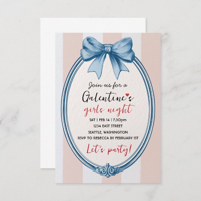 Custom Blue Bow Galentines Party Invitation (Front/Back)