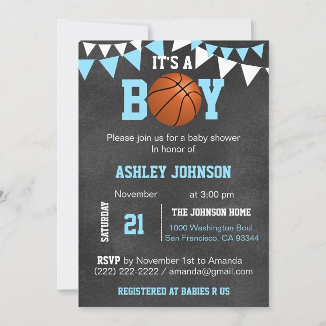 Custom Blue Boy Basketball Baby Shower Invitations (Front)