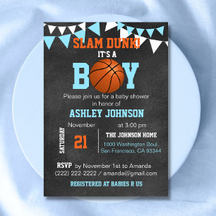 Custom Blue Boy Basketball Baby Shower Invitations
