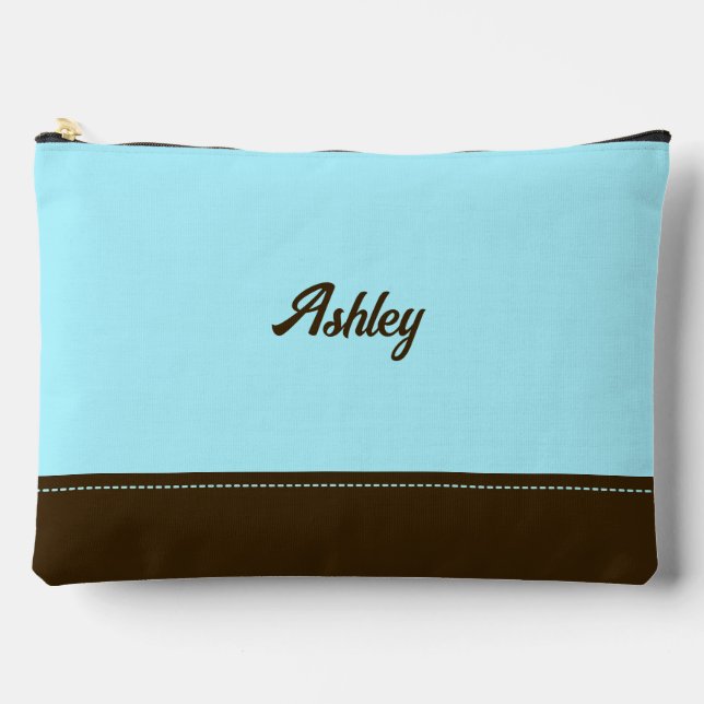 Custom blue brown personalised preppy stylish chic accessory pouch (Front)