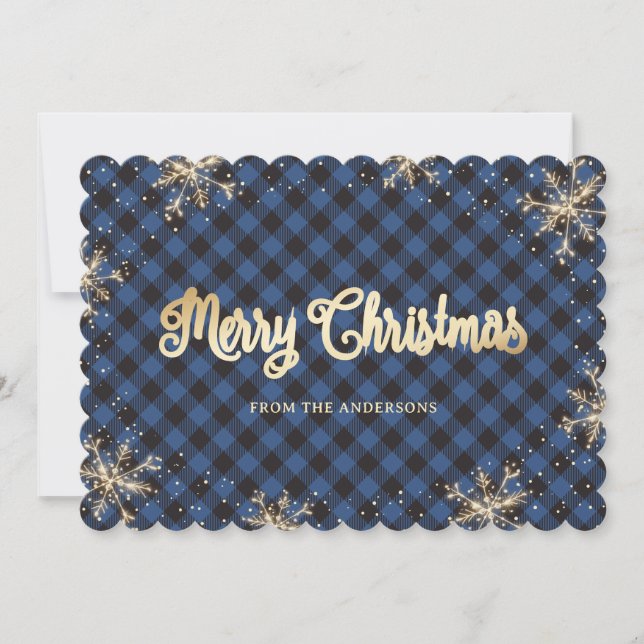 Custom Blue Buffalo Plaid Gold Christmas Cards (Front)