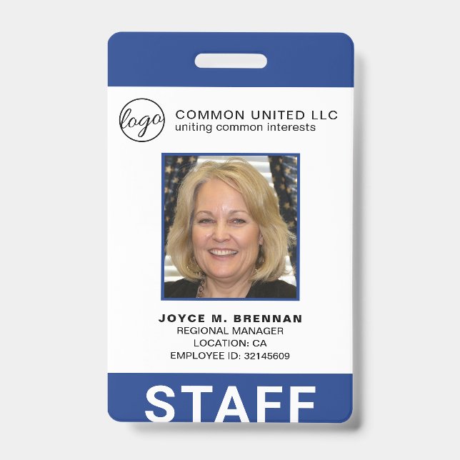 Custom Blue Business Logo Employee Photo ID Badge (Front)