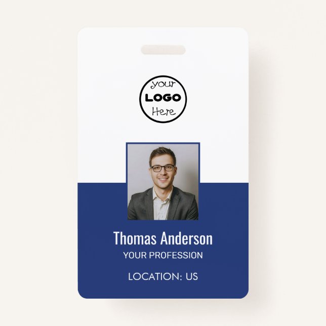 Custom Blue Business Logo Employee Photo ID Badge (Front)