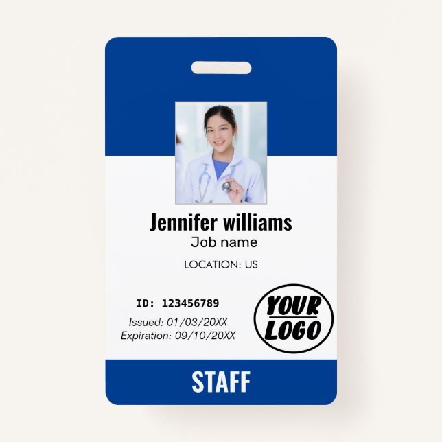 Custom Blue Business Logo Employee Photo ID Badge (Front)