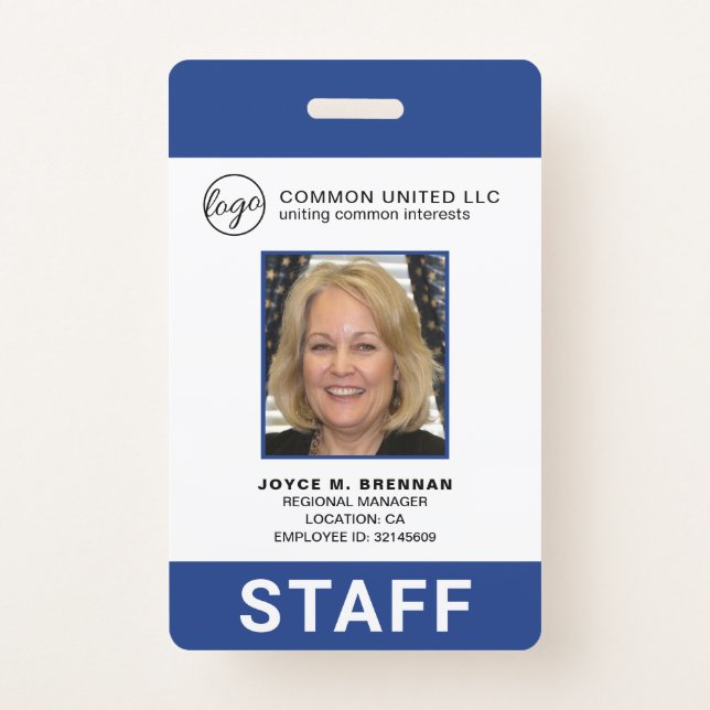 Custom Blue Business Logo Employee Photo ID ID Badge (Front)