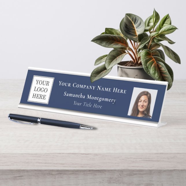 Custom Blue Business Logo Photo Company Name Title Desk Name Plate (Custom Blue Business Logo Photo Company Name Title Desk Name Plate)