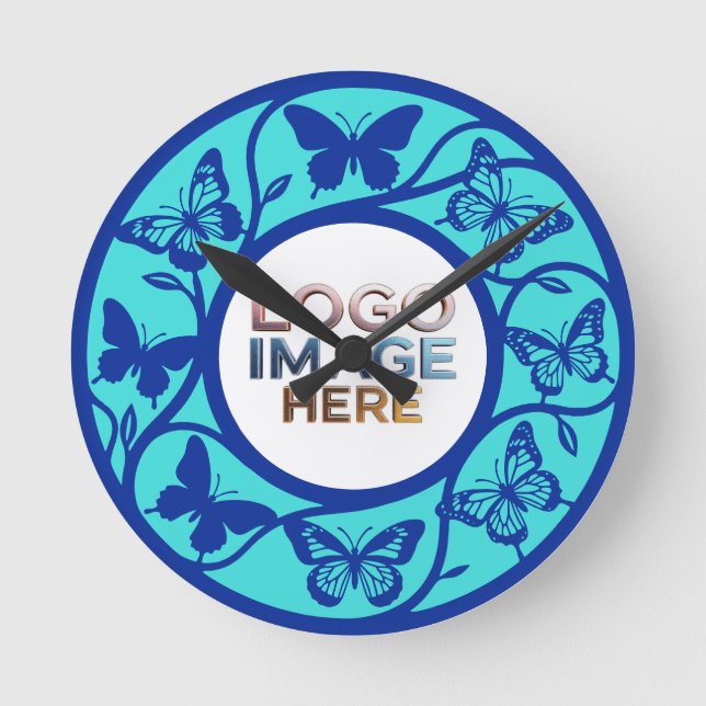 Custom Blue Butterfly Pattern Wall Clock (Front)