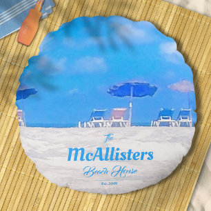 Custom Blue Coastal Beach House Round Cushion