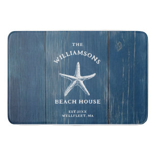 Custom Blue Coastal Starfish Beach House Bath Mat