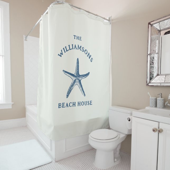 Custom Blue Coastal Starfish Beach House Shower Curtain (In Situ)
